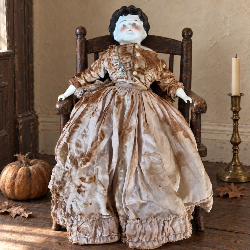 Antique Hertwig Bertha China Head Doll 1890s Victorian Halloween Decor Rare